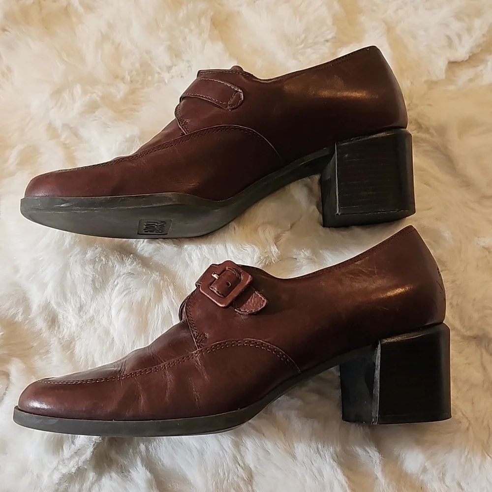 Enzo Angiolini Gravine Dark Brown Leather Chunky Heel Loafers Womens 7 Academia